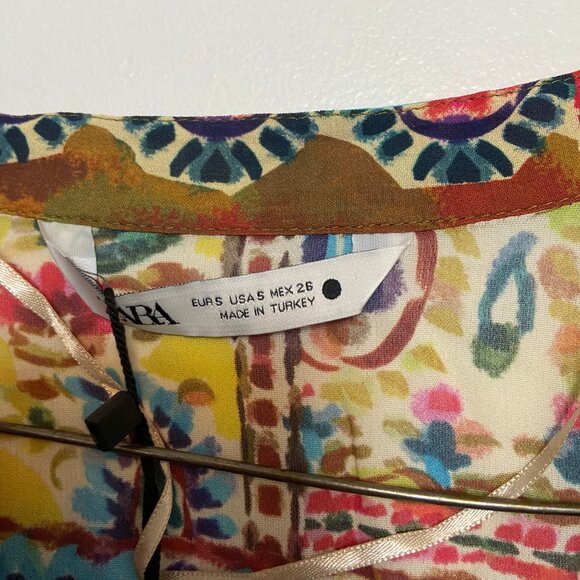 Zara Multicolour Paisley Boho Fit & Flare Long Sleeve Mini Dress with Belt - S - Picture 3 of 3